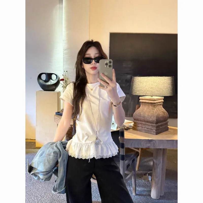 Femme Summer Korean Fashion Trend Patchwork Solid Color O-neck Short Sleeve Women Clothes All-match Lace Appear ThinSli T-Shirt 250408