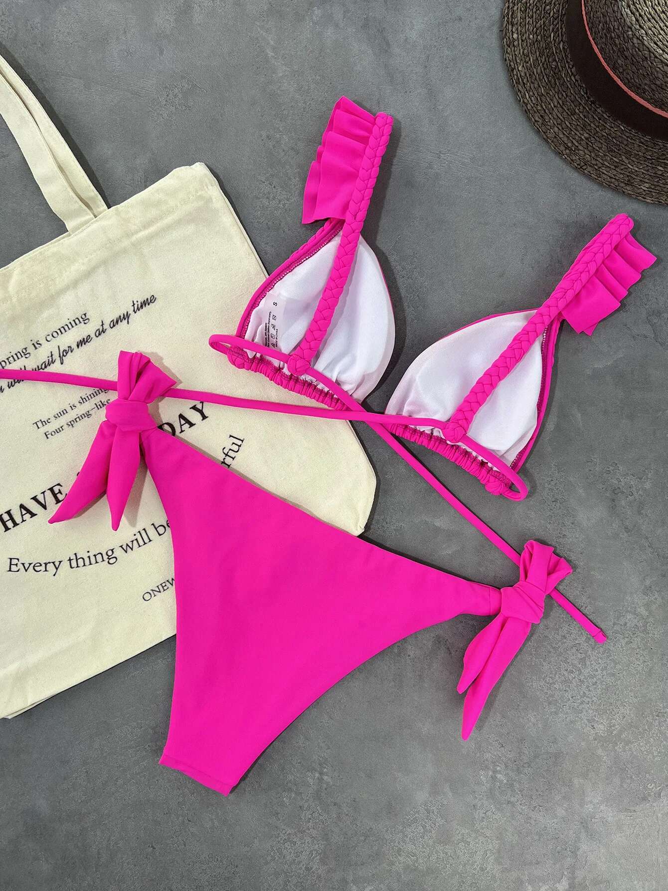 Dongdumaoyi Sexy Hot Pink Bikini Set Women Ruffles Push Up Bra Tie Side Thong Swimsuit Brazilian Summer Bathing Suit Two Piece Swimwear