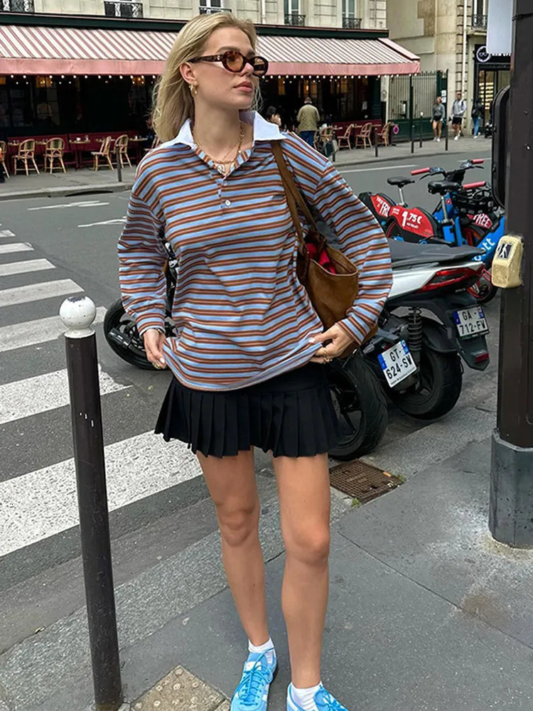 Fashion Stripe Printed Polo Shirts Women Long Sleeves Turn Down Collar Loose Short Blouses 2025 Spring Casual Street Outfits 250408