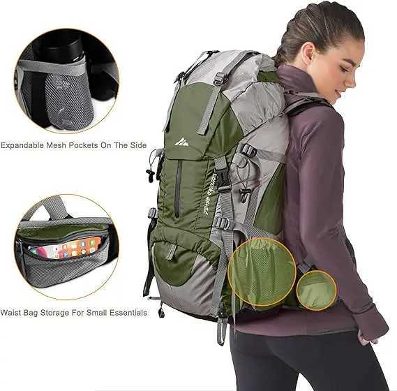 50L Waterproof Hiking Backpack - Lightweight Camping Bag with Rain Cover 45+5 Liter Capacity Ideal for Backpacking and OutdooC250407