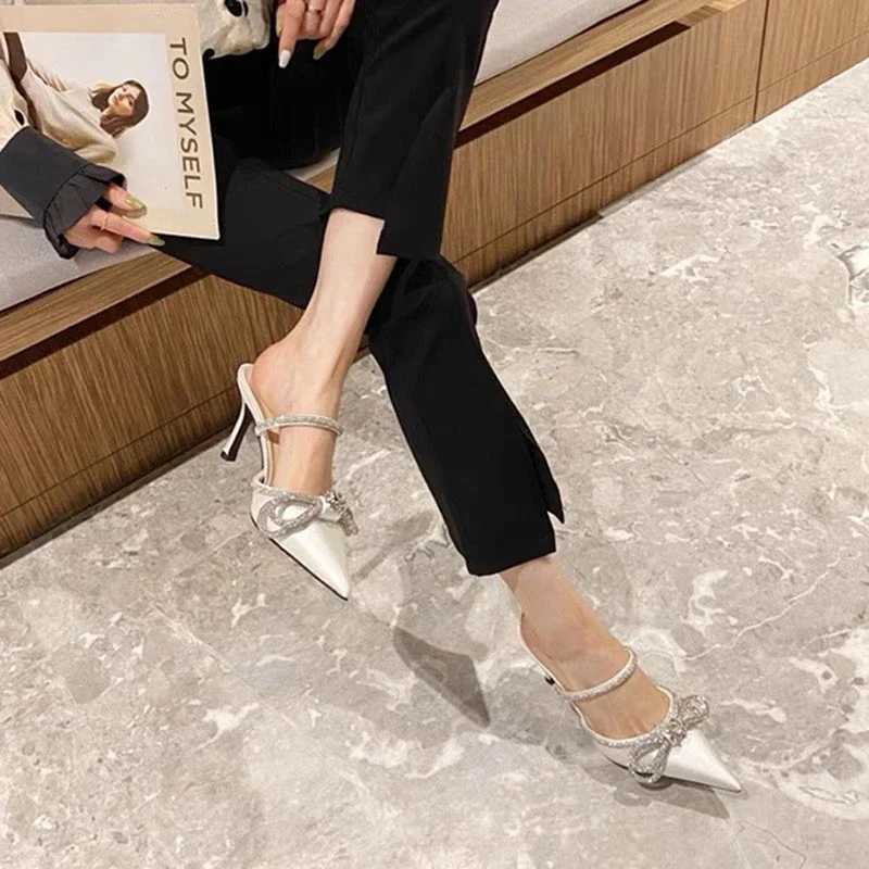 Simulated sandals and bows designed for women high heels narrow slides party bombs luxury wedding shoes summer fiXJ250407