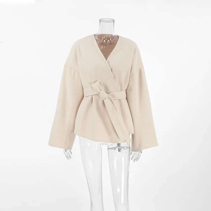 Fashion Solid Lace Up Coat For Women Elegant V-Neck Long Sleeve Jacket 2024 Autumn Winter New Lady Street Outerwear Clothes