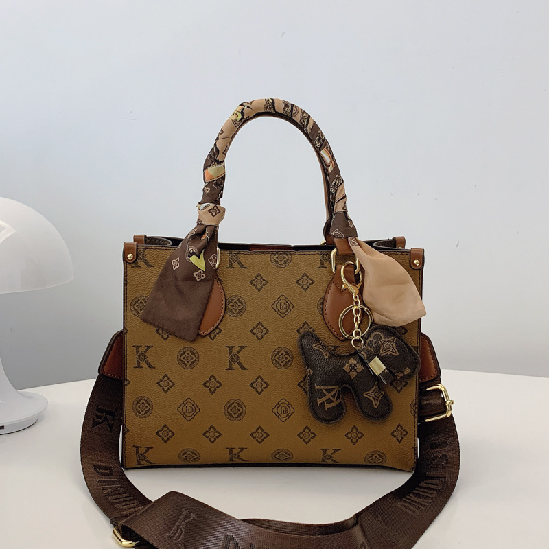 Free Shipping Brown Monogram Tote Bag Scarf Decoration & Bear Charm Retro Casual Large-Capacity Commuter Bag