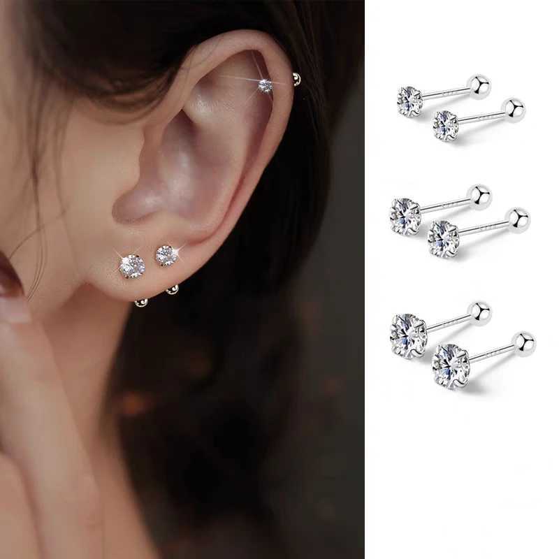 1Pair 925 Sterling Silver Bead Screw Stud Earrings for Women Men Simple 3-6mm Round Cubic Zirconia Ear Body Piercing JewelryC250407