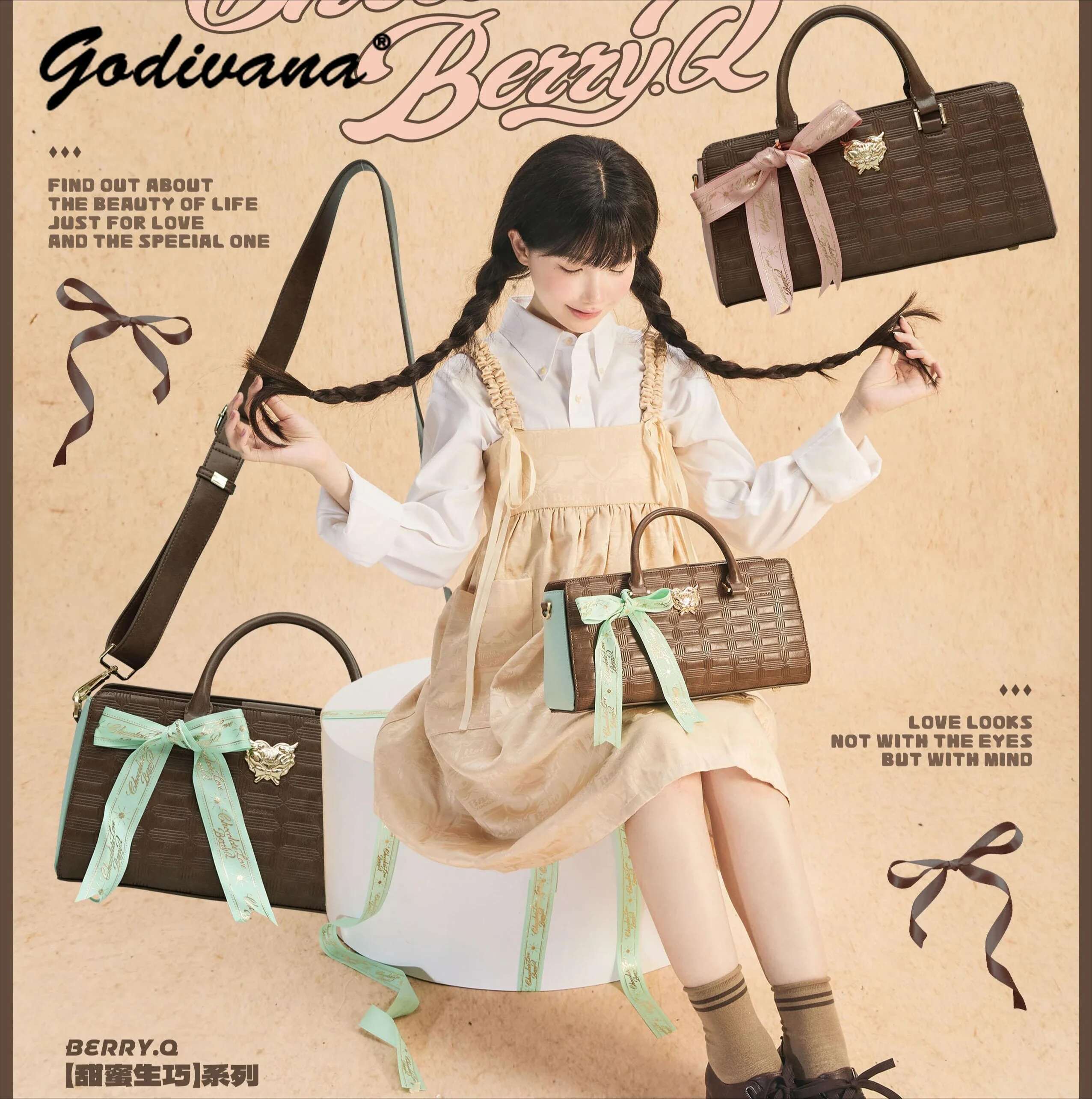 New Autumn Winter Sweet Chocolate Tote Bags Pink Mint Bow Portable Messenger Travel Bag Large-Capacity Women's Fiess Handbags