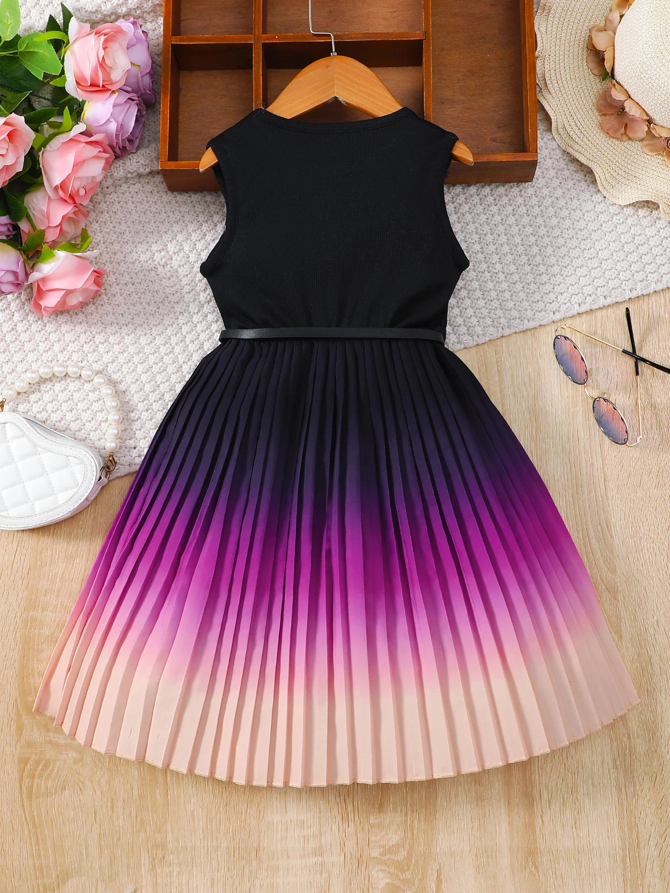 Girls Gradient Color Blocking Pleated Hem Summer Sleeveless Belt Dress 250407