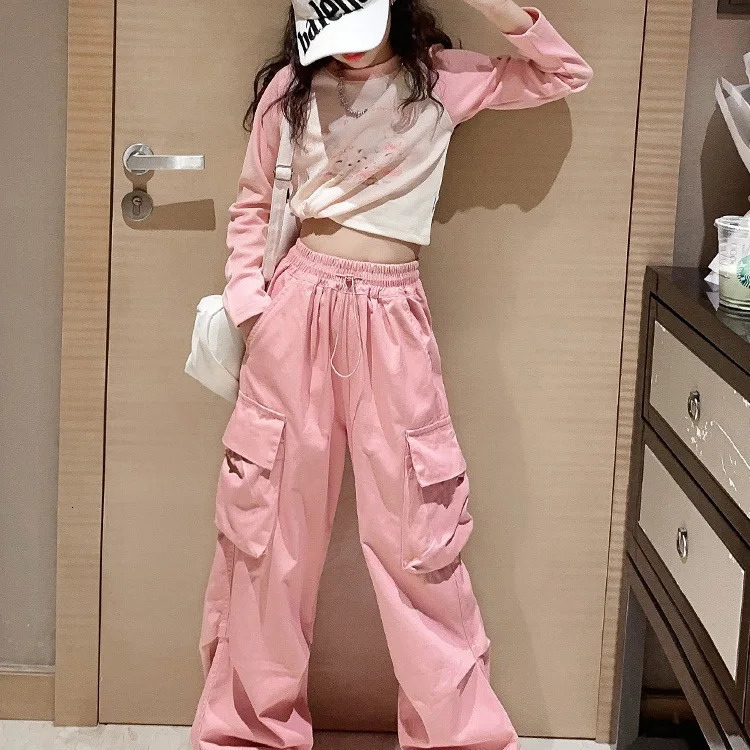 2025 spring summer Kids tracksuit Children set Girls Clothes crop top T-Shirt wide leg Cargo Pants Teens 4 5 6 8 10 11 12 year 250407