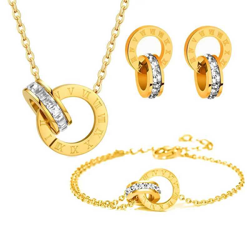 Elevate Your Style! Stainless Steel Roman Numeral - Inscribed Gold Jewelry Set Necklace Earrings Bracelet Y250408