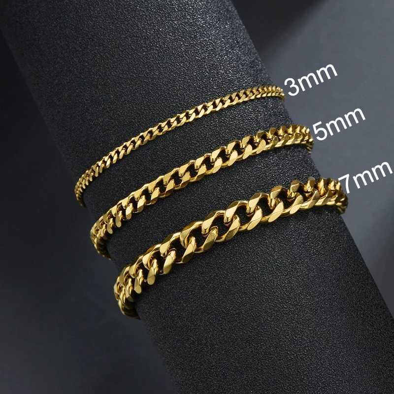 Sifisrri Punk Men 3/5/7mm Stainl Steel Cu Cuban Link Chain Bracelets Gold Color Solid Chains Unisex Wrist Jewelry GiftC250408