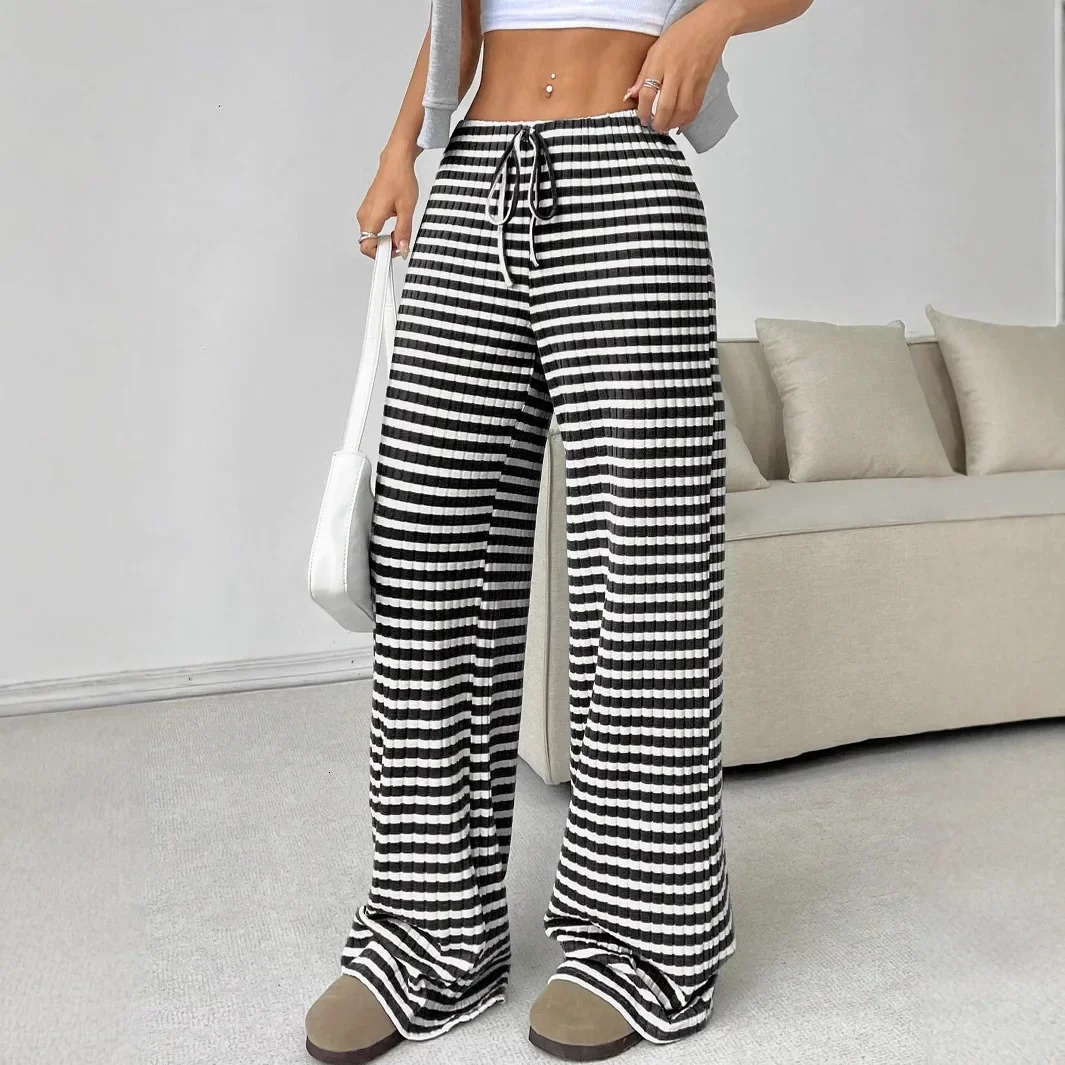 Casual cotton striped solid color elastic rope brushed straight leg pants for autumn and winter womens fashion crossover long gray 250407