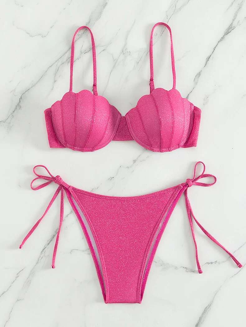 Dongdumaoyi Push Up Bikini Women Shiny Shell Underwire Micro Swimsuit New Hot Pink Cut Out Beach Bathing Suit Tie Side Thong Swimwear