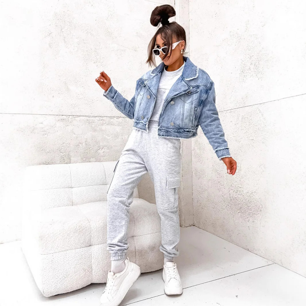 Womens denim jacket short lapel work single chest street clothing splicing Y2k casual blue spring 250407