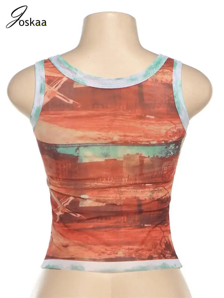 Joskaa Fashion 3D Printed Mesh Y2K Camisole Women Trend Summer O-Neck Sleeveless Slim Crop Tank Tops Graphic Tees Streetwear 250407