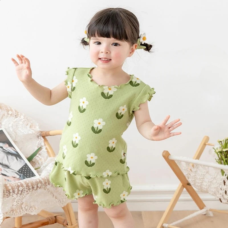 Girls Cute Flowers Pajamas Set Lightweight Short Sleeve Shorts Kids Loungewear Baby Thin Breathable Air Conditioned Homewear 250408