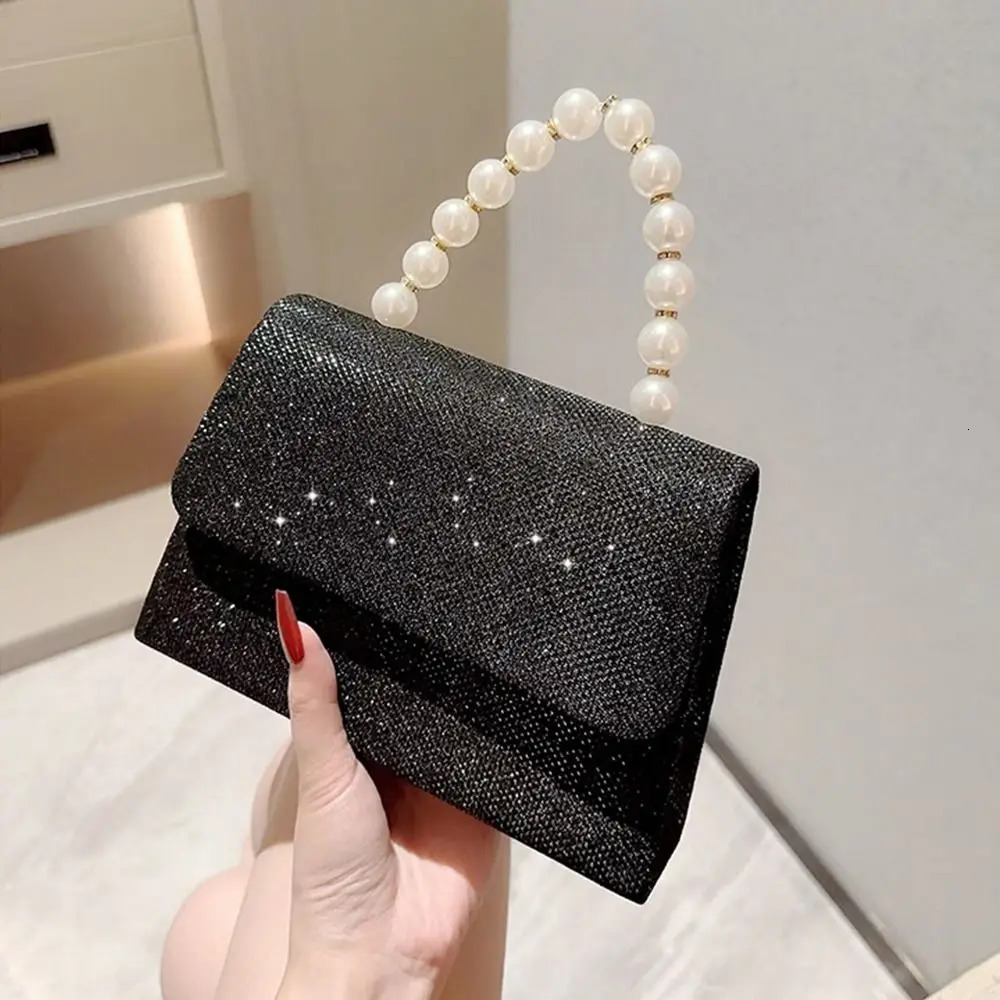 Pearl chain shoulder bag wallet gold shiny silk evening bag womens elegant and fashionable spherical clutch womens handbag 250402