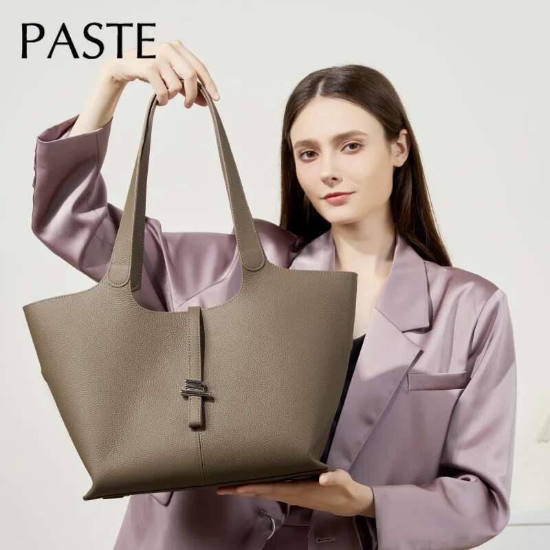 2024 Autumn Wind Chime Shell Shape Tote Large Grey Black Color Genuine Cow Leather Women Handbag Office Commuter Shoulder Bag
