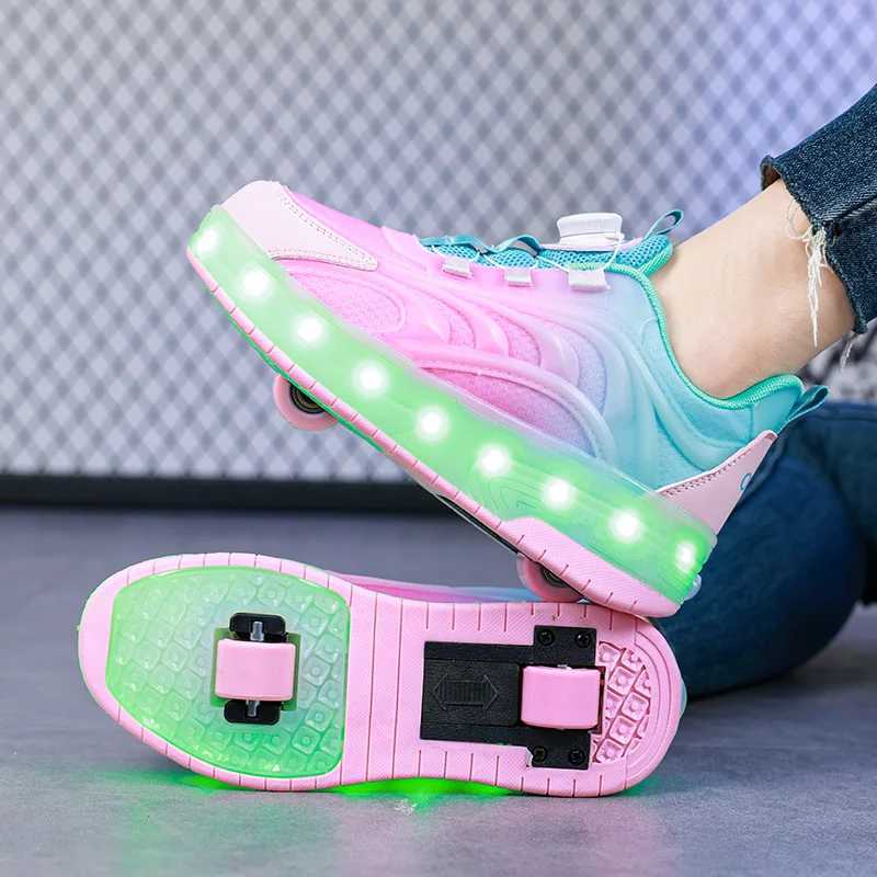 Childrens sports shoes boys and girls LED light wheels outdoor parkour roller skating shoes sports USB charging luminous casual shoes W250407