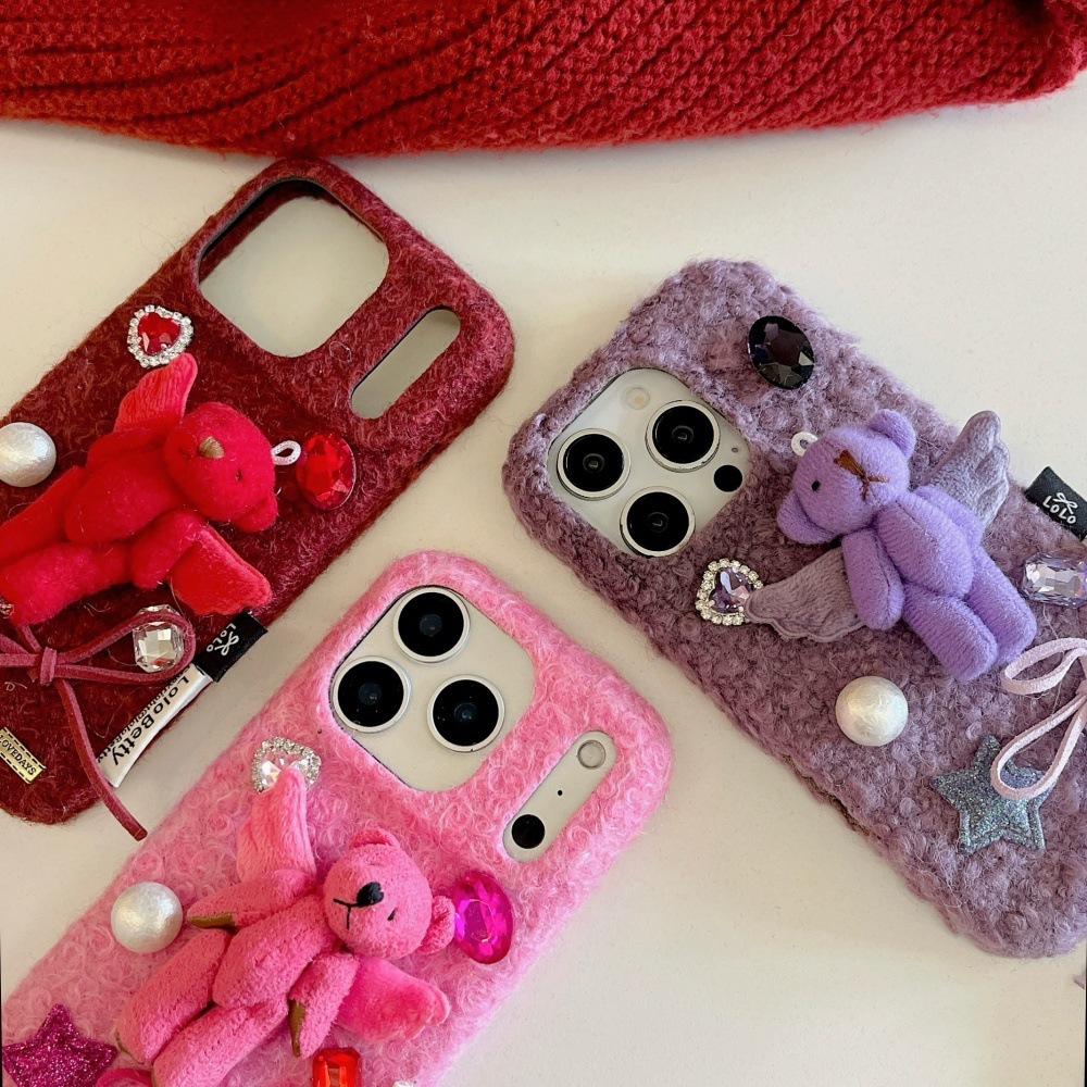 Rhinestone Plush Bear Cartoon Phone Case Compatible with iPhone 17/16 Pro Solid Color Lanyard Case iPhone 15 Niche 14