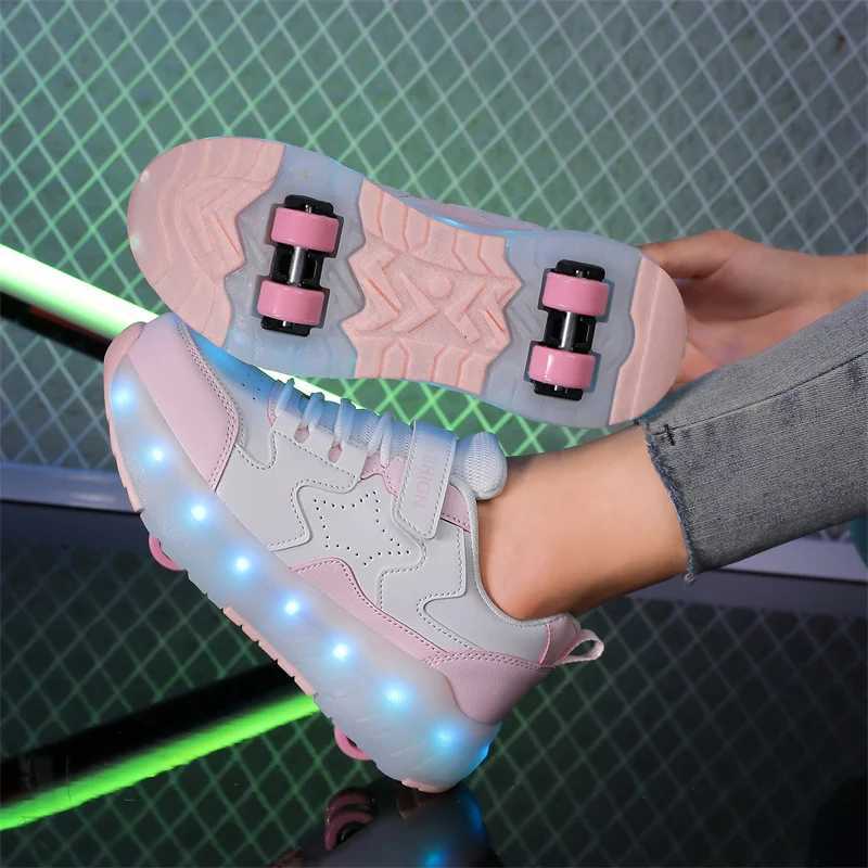 Childrens LED sports shoes USB charging luminous shoes Outdoor sports roller skateboarding Childrens four-wheel boys and girls casual shoes luminous W