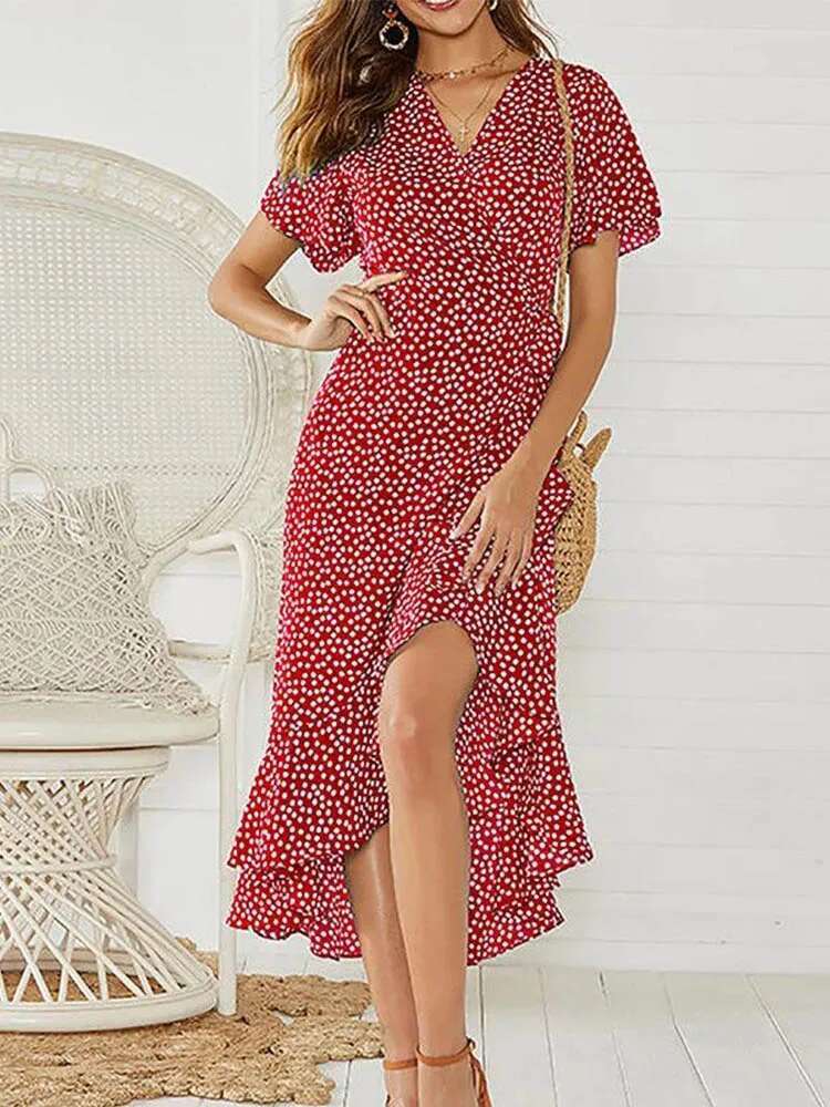 Summer Beach Maxi Women Ral Print Boho Long Chiffon Ruffles Wrap Casual V-Neck Split Sexy Party Dress Robe Femme