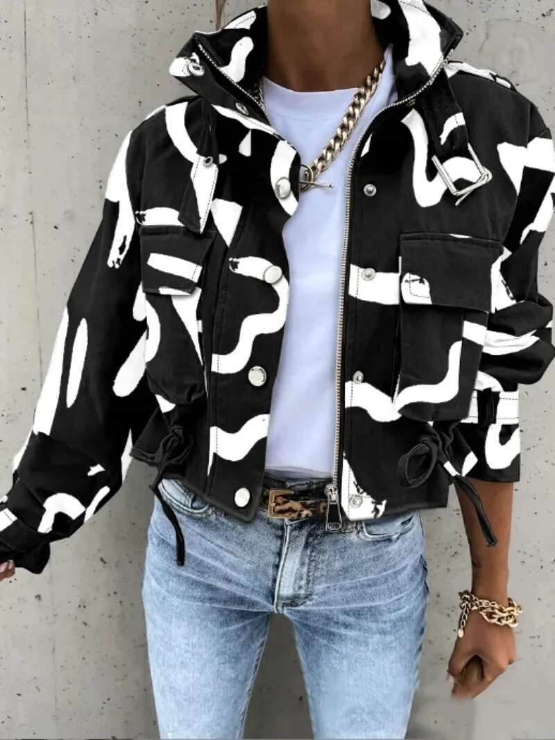 Women's New Fashionable Printed Short Casual Ladies' Autumn Rivet High Neck Long Sleeved Single Breasted Jacket