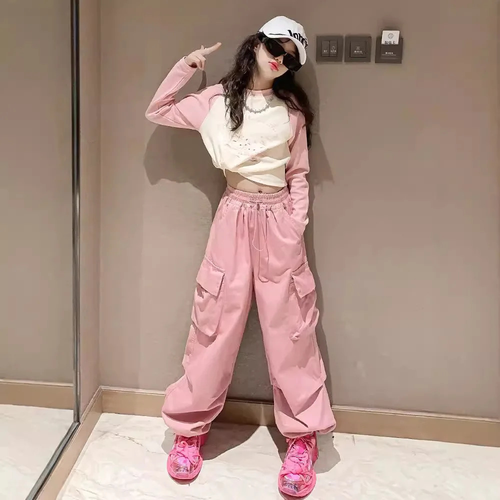 2025 spring summer Kids tracksuit Children set Girls Clothes crop top T-Shirt wide leg Cargo Pants Teens 4 5 6 8 10 11 12 year 250407