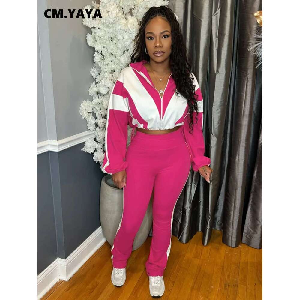 Cm.Yaya Active Patchwork Women's Set Zipper Sweatshirt Jacket And Long Pants Suit 2025 Sporty Two 2 Piece Sets Outfit Tracksuit
