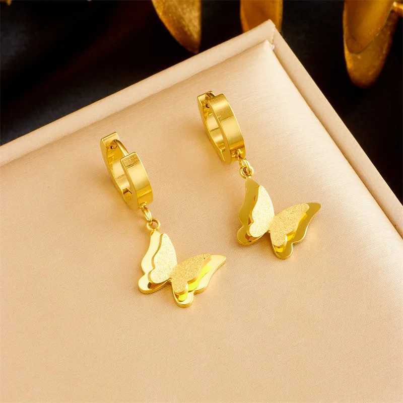 316L Stainless Steel Gold-plated Frosted Butterfly Pendant Snake Bone Chain Tassel Necklace Earring Jewelry Set Y250408