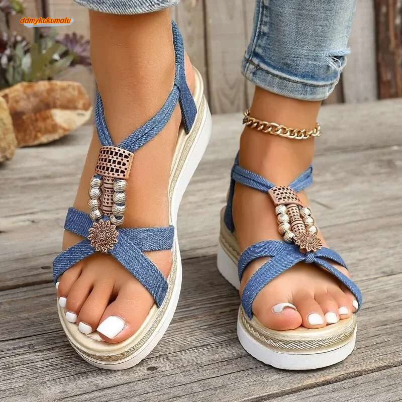 Shoes 2024 New Summer Women's Elastic Band Denim Blue Solid Metal Decoration Beads Platform Water Proof Sandals ddmykukumalu