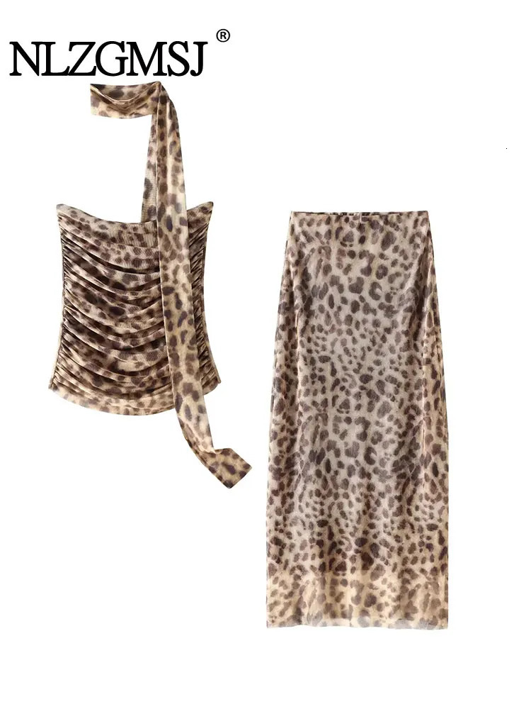 TRAF Summer Women Tulle Leopard Print Midi Skirt Suits Sleeveless Strapless Backless Slim Crop Top Sets Club Y2K 250408