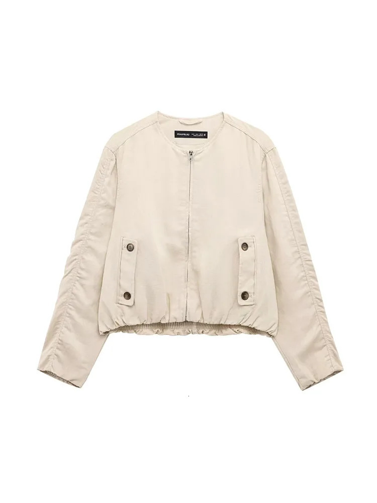 Womens Spring Bomber Jacket Coats Fashion Solid Linen Zipper Button Elegant Street Coat 250407