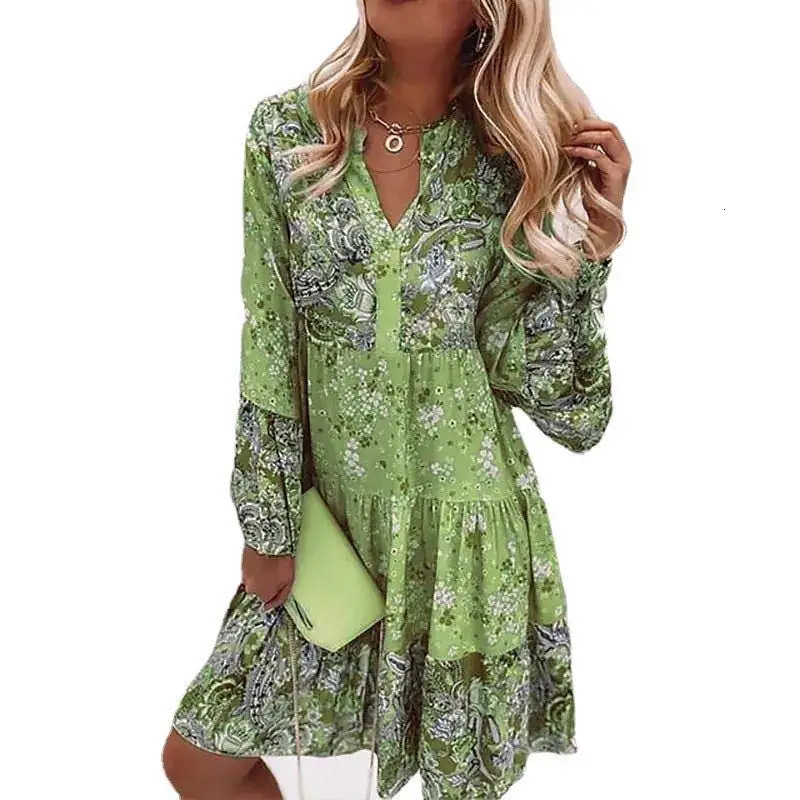 Casual Flower Printed Womens Rotating Summer Bohemian V-neck Loose A-line Dress Elegant Beach Party Dress Sexy Womens Robe 250401