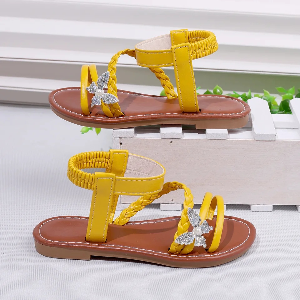 Diamond bow childrens sandals comfortable and cute princess shoes white and yellow woven for girls shoes 250407