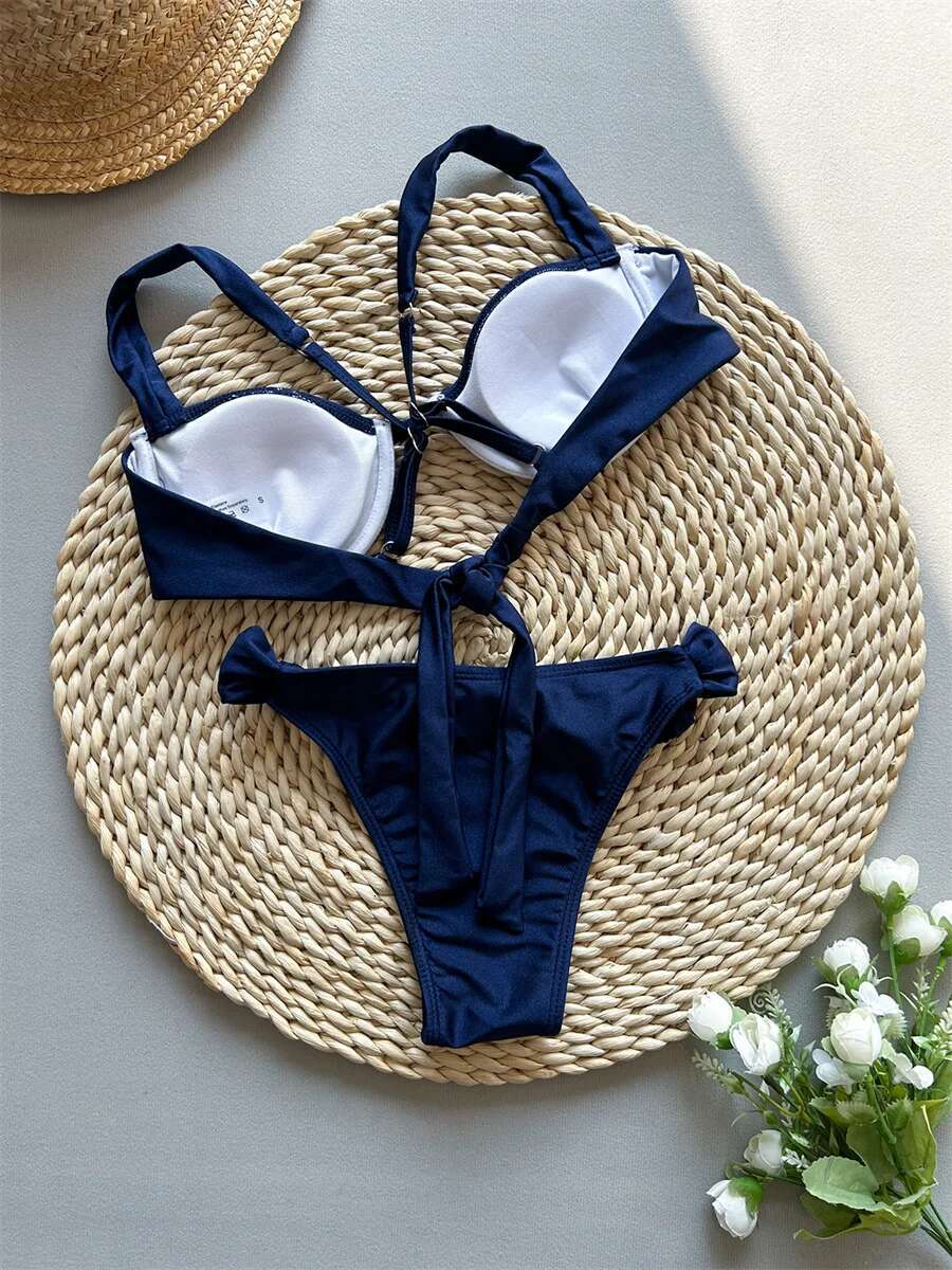 Dongdumaoyi Sexy Underwire Bikini Mujer Women Navy Pleate Push Up Micro Swimsuit Brazilian Beach Bathing Suit Thong Swimwear Biquini