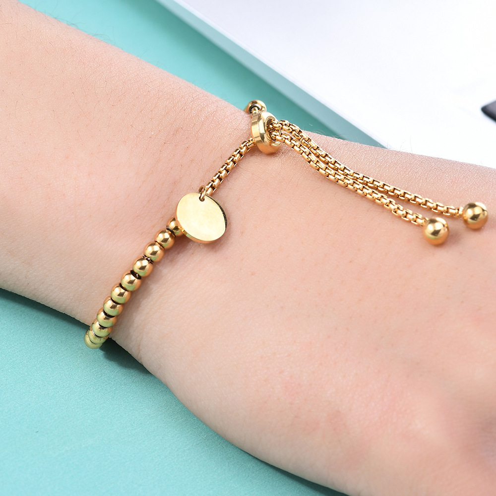 Fashionable titanium steel simple circular hang tag adjustable round bead engraved bracelet jewelry
