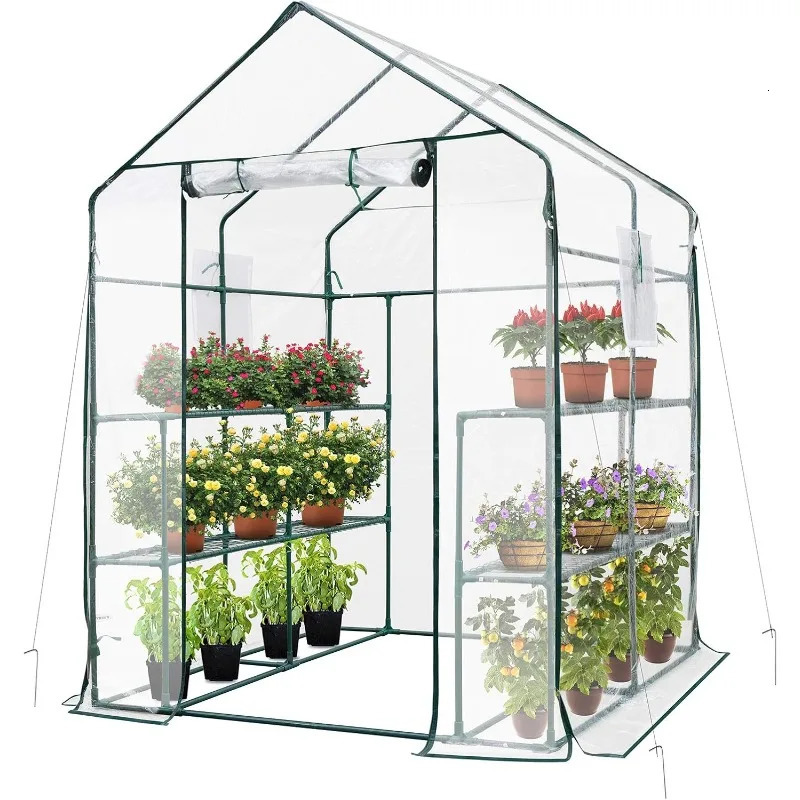 Transparent mini walk-in greenhouse with windows and anchors plant garden house with 2 floors and 8 frames 250403