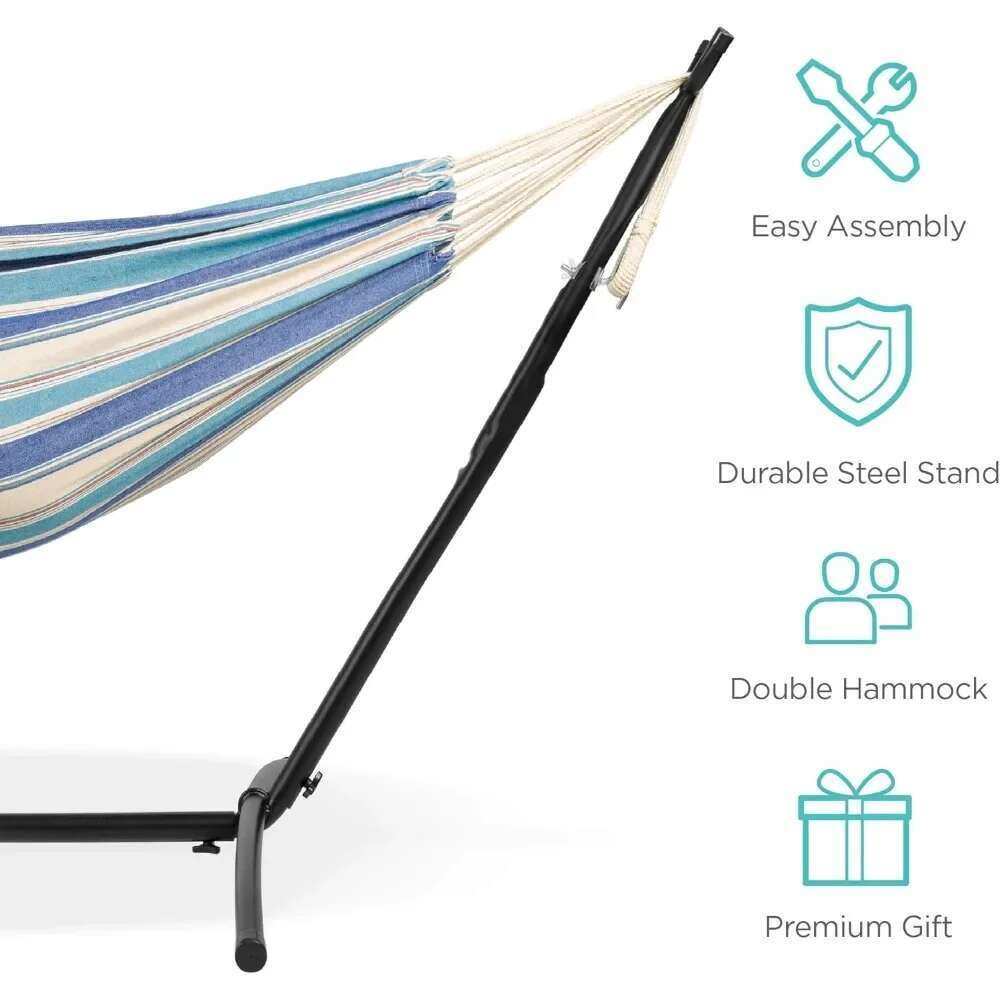 Double Hammock with Steel Stand, Indoor Outdoor Brazilian-Style Cotton Bed w/Carrying Bag, 2-Person Capacit