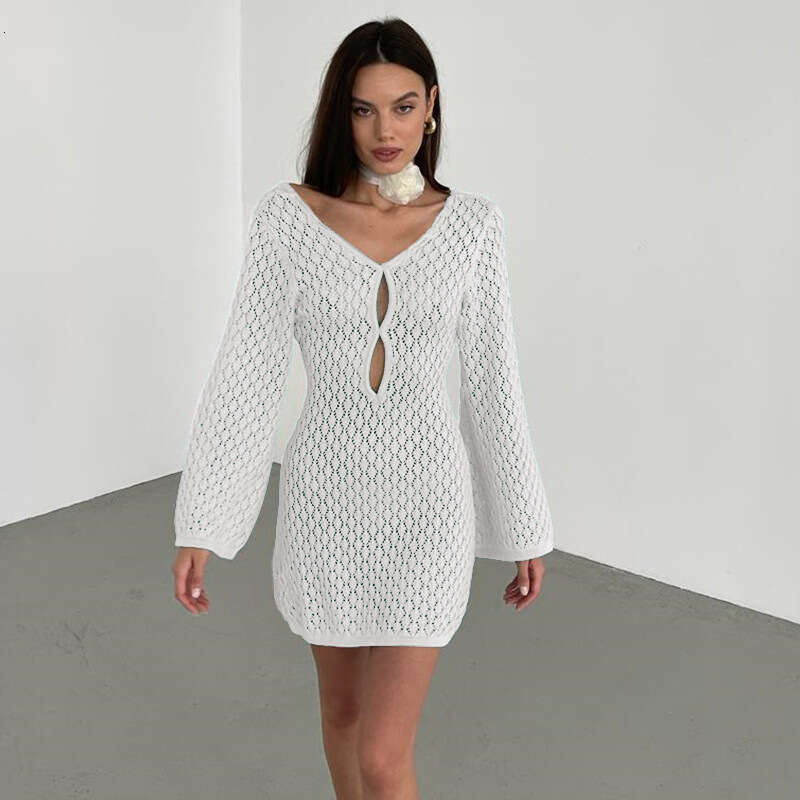 European and American Summer Beach Skirt Women's Solid Color Sexy Knitted Hollow Bikini Swimsuit Hoodie Sunscreen 2025 New Casual Versatile Fashi