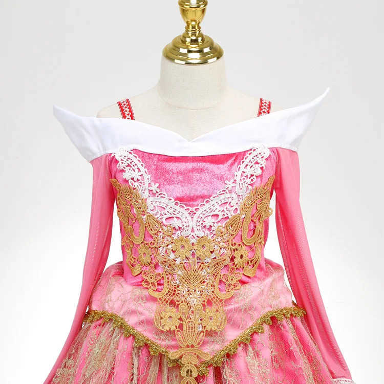 Disney Girls Sleeping Beauty Pink Luxury Princess Halloween Role Playing Dress Off Shoulder Kids Fancy Party Princess Clothing Outfits X250408