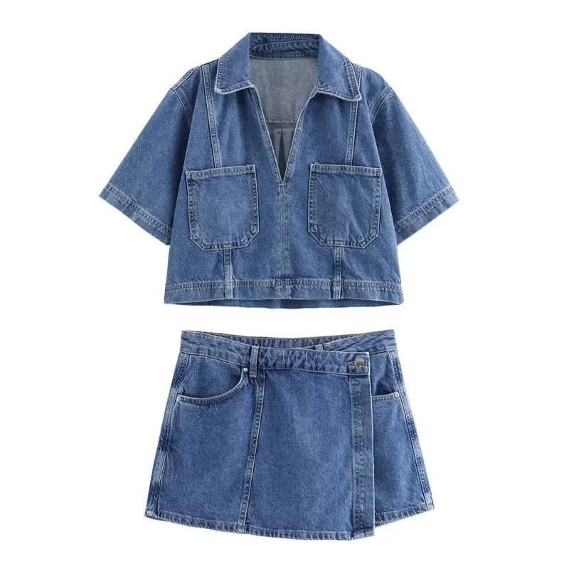 25 Summer Womens Short Denim Shirt Fashion Double breasted Denim Skirt and Pants Set European and American Womens Clothing 250408