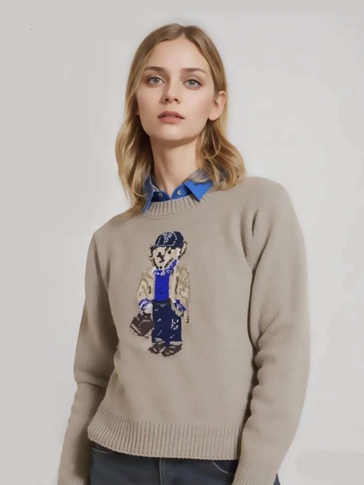 2024 Autumn Winter Women's Jacquard Bear Knit Pullover Sweater High Quality Women Vintage Round Neck Long Sleeve Knitwear Tops
