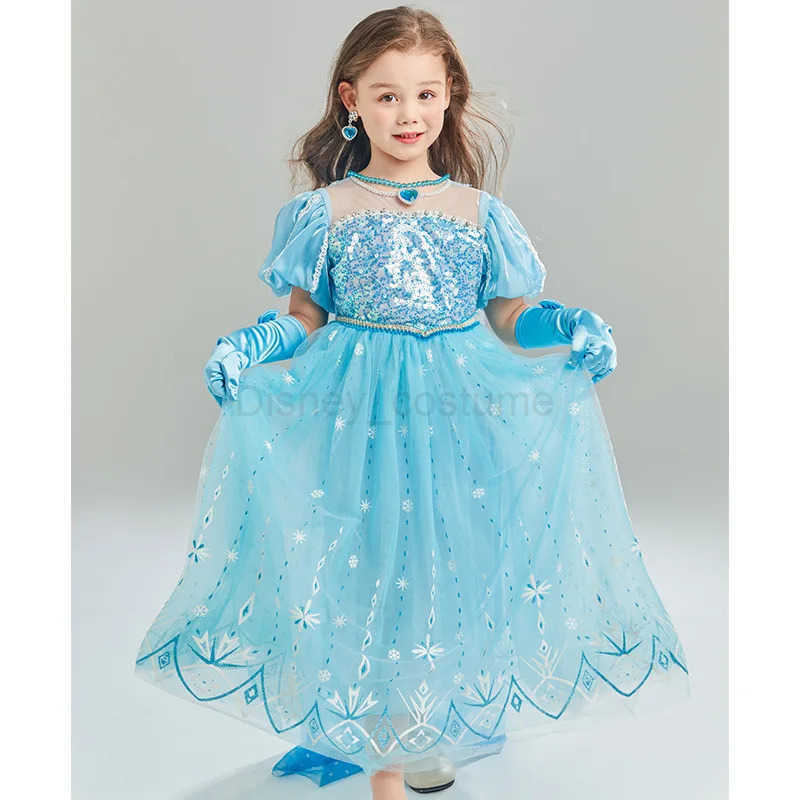 Disney Girl Snow Queen Costume Elsa Dress Kids Sequins Carnival Birthday Party Luxury Ball Gown 2-10Y Children Clothes Puffy Sleeve X250408