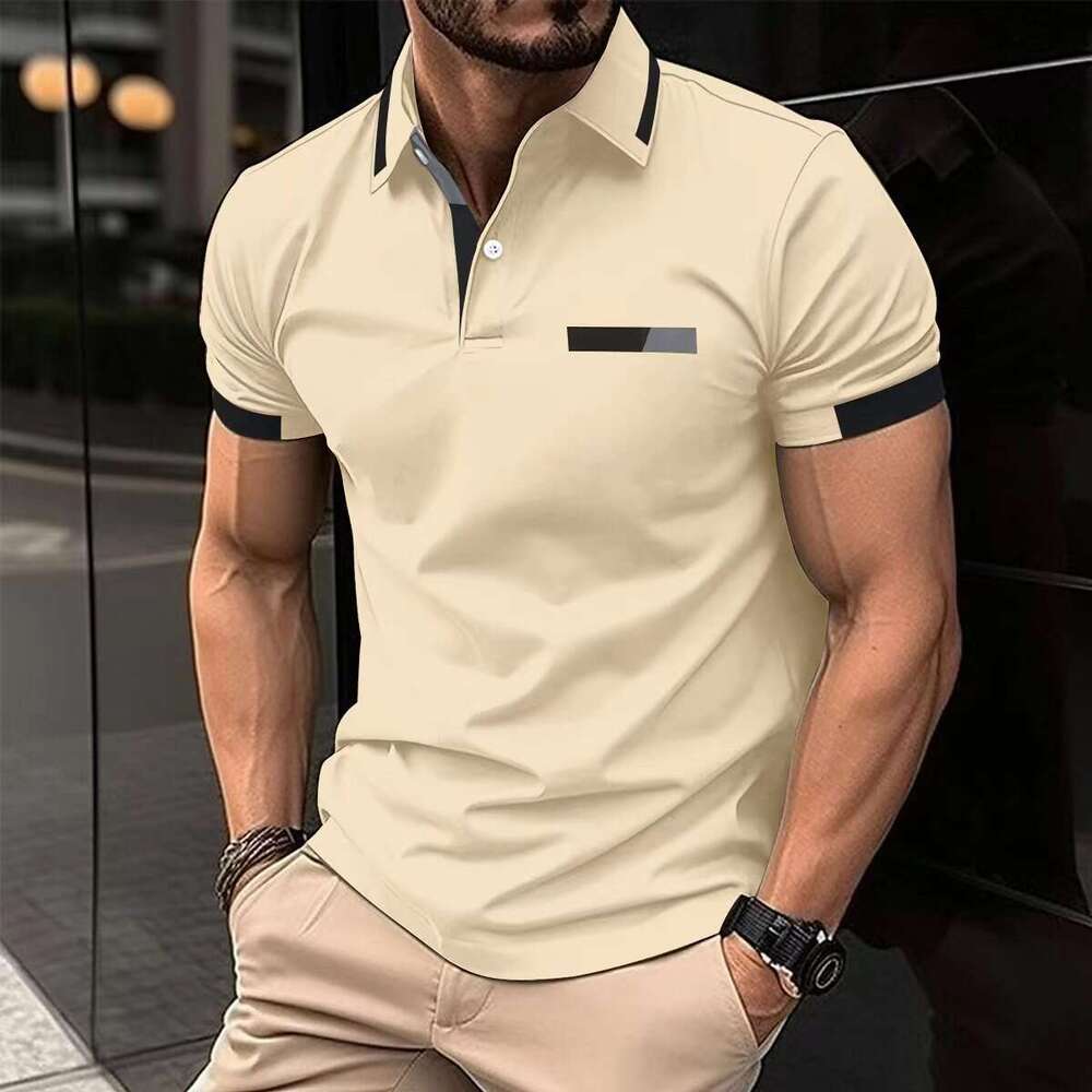 New men's casual polo shirt with fake chest pocket, lapel button, business T-shirt top, 2025 new style, chic and elegant clothing