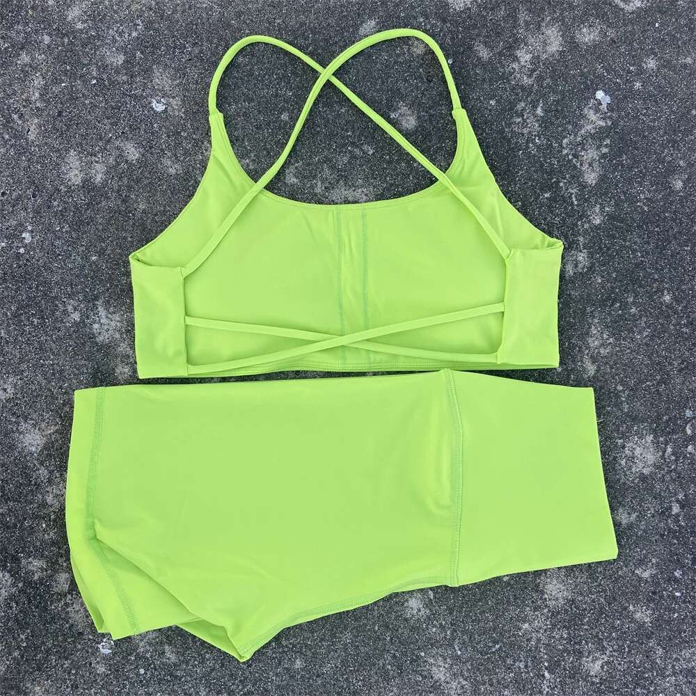 Solid Color Gym Bike Yoga Set Short Legging 2pc +Cross Sport Bra Tracksuit Athletic Women Suit Comprehensive Training Jogging