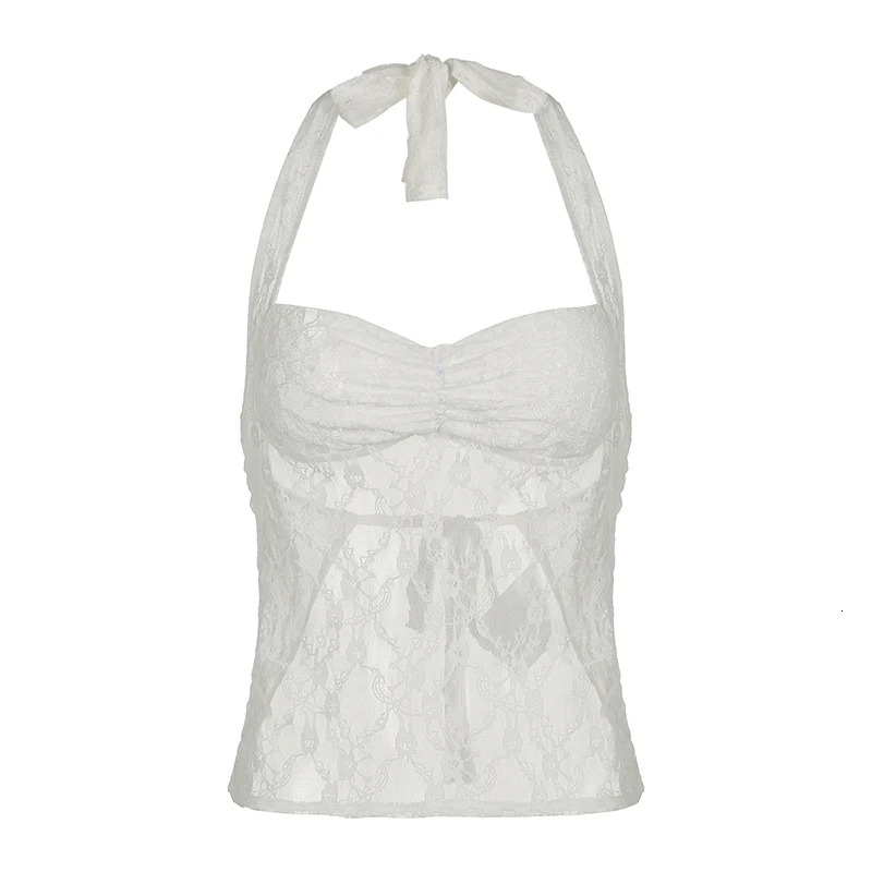 SUCHCUTE Sexy Clubwear Transparent Vest Bandage Halter Y2K Crop Tops Retro Lace Sheer Mesh Backless Camisoles Going Out Clothes 250407