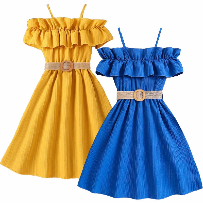 Summer Girl Dress Off Shoulder Fashion Girl Clothes Teenager Beach Dress with Belt Kid Outfits Children Clothing Plus Size Teens 250408