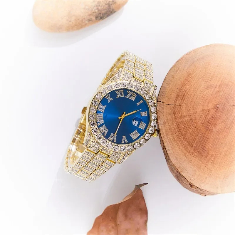 Business Mens Faux Diamond-studded Steel Strap Watch Fashion Hip-hop Street Culture Cuban Bracelet 251107