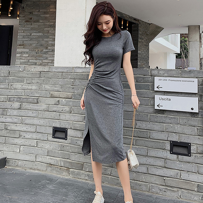 F44Chic Summer 2025 Women's Knee-Length Dress - Slim Fit with Slits and Short Sleeves
