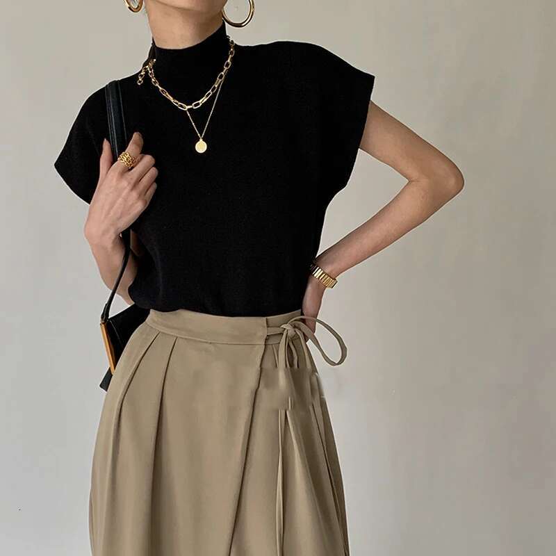 Fashion Vest Shirt Solid Stand-Up Collar Knitted Sweater Short Sleeve Office Lady Loose Elegant All-Match Straight Tops 20397