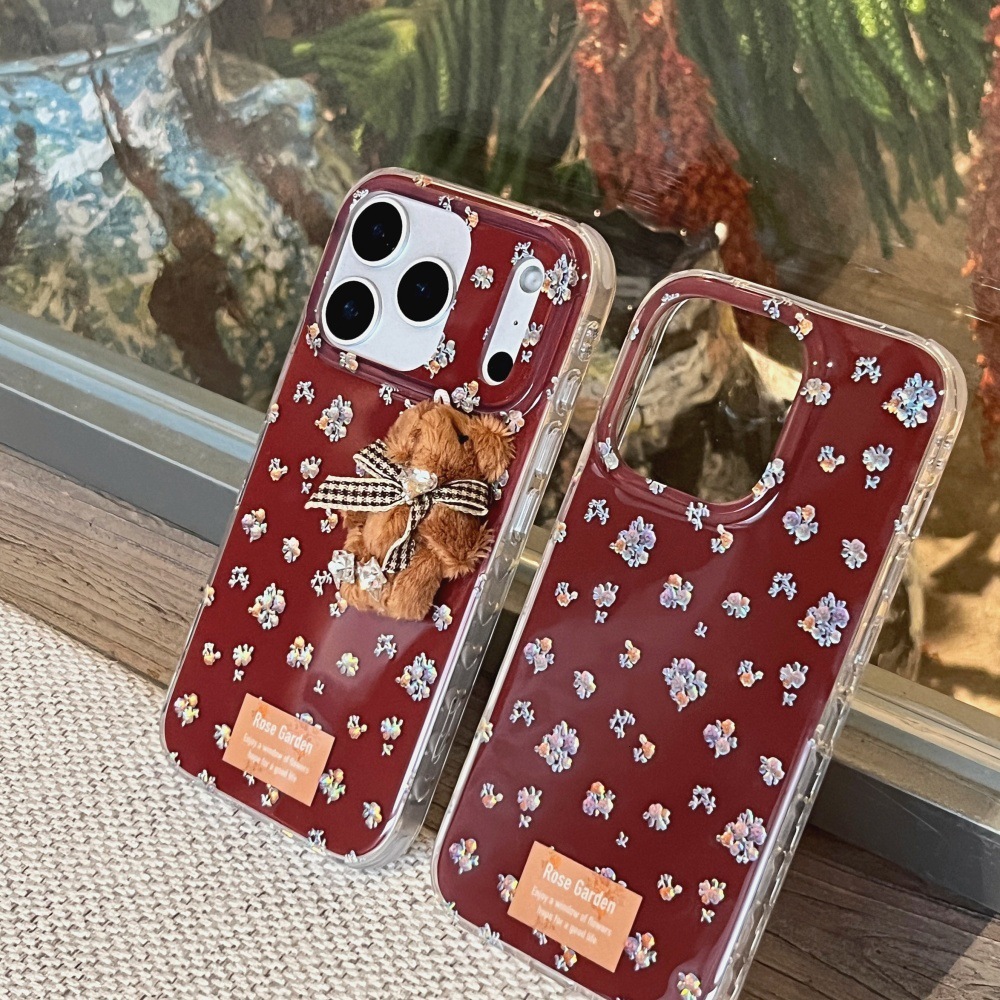 Floral Bear Phone Case Compatible with iPhone 17/16 Pro Max Cartoon Pendant Case 15/14 Pro